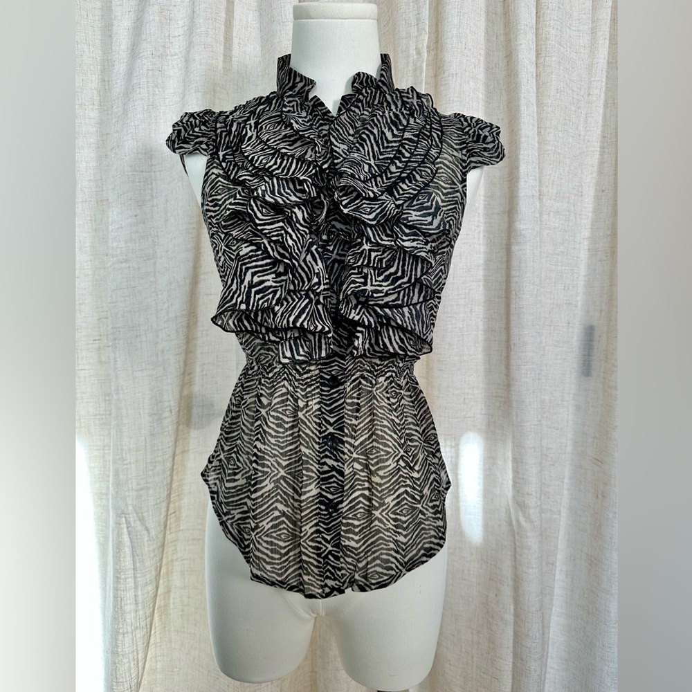 Y2K Miley Cyrus & Max Azria Black and White Zebra Ruffle Sleeveless Blouse